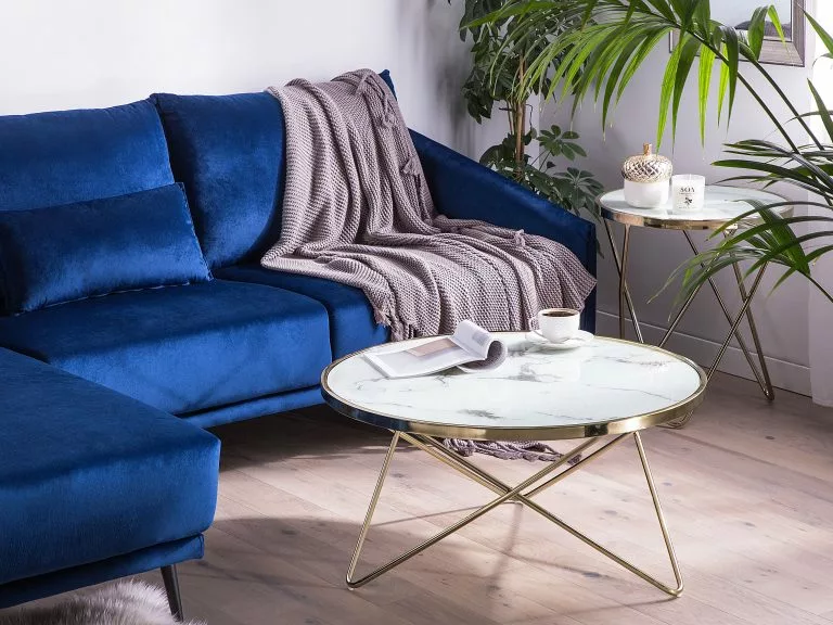 Beliani Mesa De Centro De Vidrio Templado Blanco/dorado ⌀ 80 Cm MERIDIAN II - Imagen 2