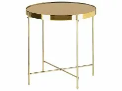 Beliani Mesa Auxiliar De Vidrio Templado/metal Marrón Dorado ⌀ 40 Cm LUCEA