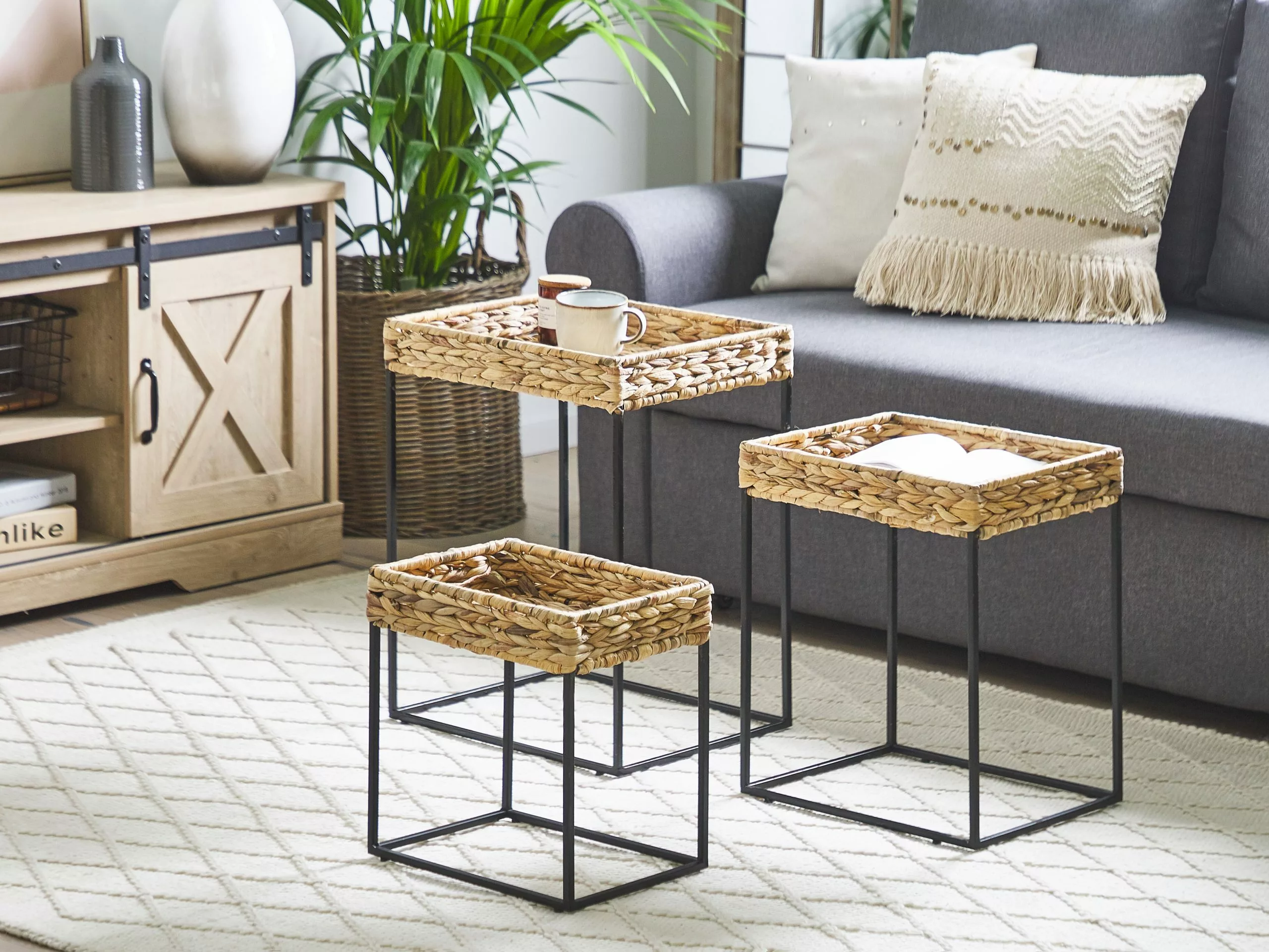 Beliani Conjunto De 3 Mesas De Centro De Jacinto De Agua Beige/natural/negro HAWI - Imagen 2